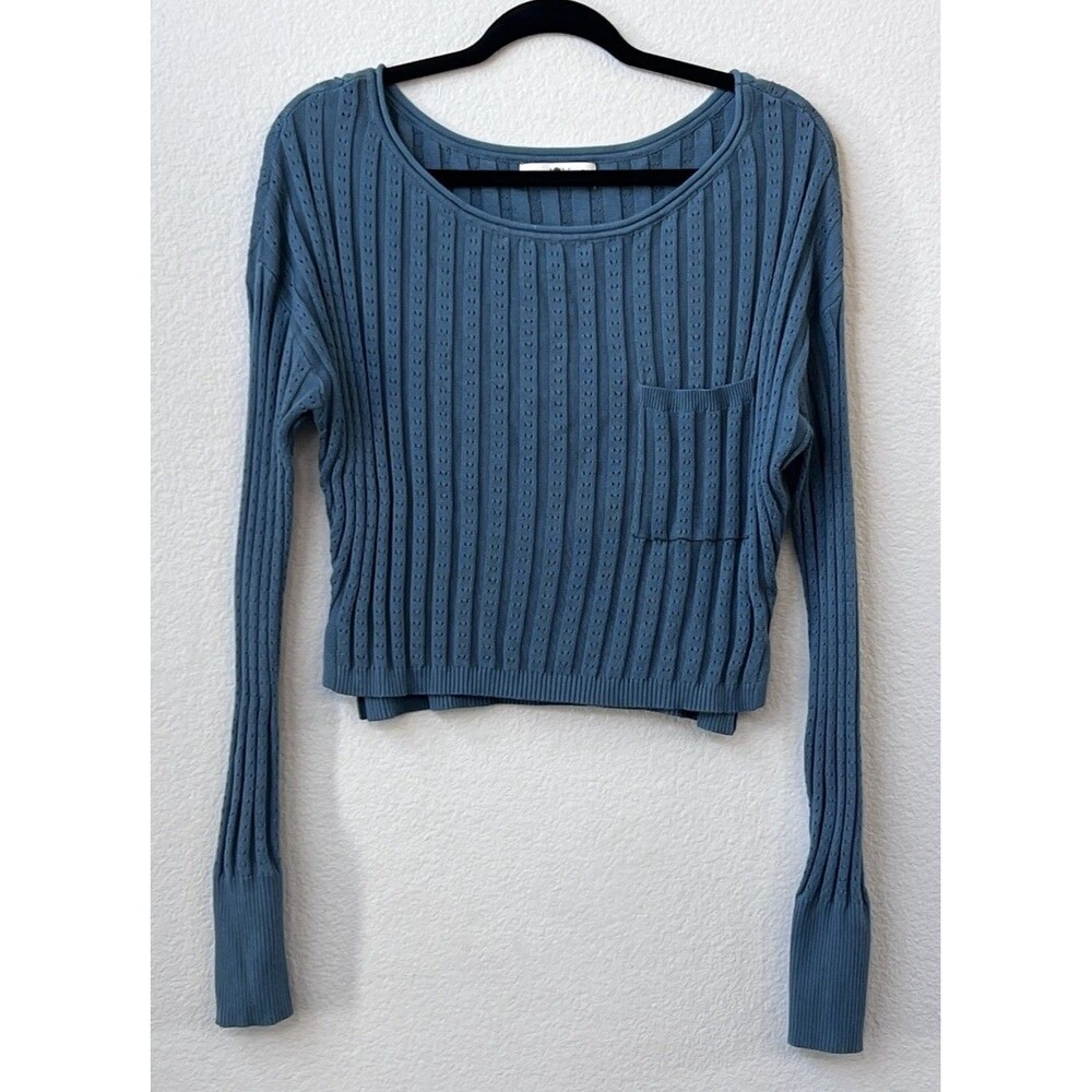 Natural Life Women’s Cropped Sweater Small Pointelle Ribbed Teal
